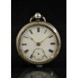 A Victorian silver open face pocket watch, white enamel dial, bold Roman numerals, minute track,