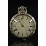 A Victorian silver pair cased verge fusee pocket watch, cream enamel dial, bold Roman numerals,