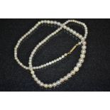 A graduated single strand cultured pearl necklace, 9ct gold barrel clasp, 38cm long,