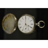 A continental silver hunter pocket watch, Robert Monnuot Locle, white enamel dial, Roman numerals,