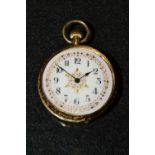 An 18ct gold lady's fob watch, white enamel dial, pink outer ring, inlaid floral motif,