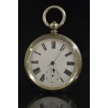 A Victorian silver open face pocket watch, white enamel dial, bold Roman numerals, minute track,