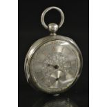 A Swiss silver open face pocket watch, C Guinand, Geneva, silver dial, bold Roman numerals,