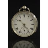 A Victorian silver open face pocket watch, white enamel dial, bold Roman numerals, minute track,