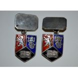 A pair of enamelled silver Birmingham University shield cufflinks,