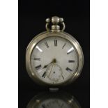 A Victorian silver open face pair cased pocket watch, white enamel dial, bold Roman numerals,