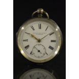 A Victorian silver open face pocket watch, Stewart Dawson & Co, Liverpool, white enamel dial,