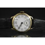 Longines - a vintage 1940s gold cased trench wristwatch, white enamel dial, Arabic numerals,