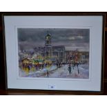 Michael Crawley Snowy Day, Market Place, Derby signed, titled to verso, watercolour,