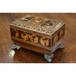 A Victorian rosewood and Tunbridge Ware sarcophagus tea caddy,