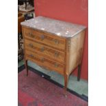 A Louis XVI revival kingwood commode, marble top, canted angles, three drawers, loop handles,