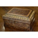 A George III burr yew and penwork concave rectangular workbox,