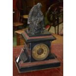 A 19th century French dark patinated bronze mounted rouge marble and belge noir mantel clock, 11.