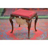 A George I design mahogany stool, drop-in seat, shaped frieze, cabriole legs, pad feet, 53cm high,