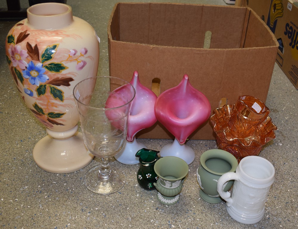 A Victorian pedestal celery vase; a pair of frosted Jack-in-the-pulpit vases;