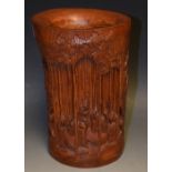 A Chinese bamboo bitong brush pot, carved in relief with traditionally attired sages,
