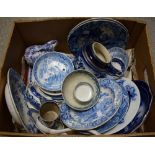 A Victorian blue and white transfer printed plate, jug, mug, ladle,