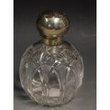 A George V globular cut glass scent bottle, silver mounted, Birmingham 1912, 12.