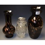 Glassware - a Monart style black and copper coloured glass onion vase; another similar;