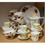 A Melba six piece coffee set with yellow flower handles comprising coffee pot, cream jug,