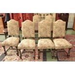 Six early 20th century dining chairs, arched top rail, studded upholstery to back and seat,