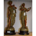 A pair of Art Nouveau style French spelter figures, Dou and Idylle,