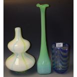 A Vasart type green glass bottle vase, shaped squared base, slender elongated neck,