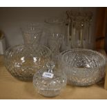 Glassware - a Victorian clear glass lustre; a cut glass bowl and cover; others, cut glass vases,