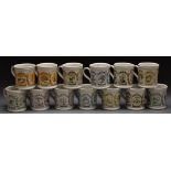 A set of thirteen Denby mugs, printed with counties and their cities and towns, assorted,