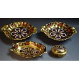 Royal Crown Derby - a pair of 1128 pattern footed pin dishes; another oval pin dish;