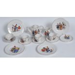 A child's nursery tea service, each printed with comical black figures, comprising teapot and cover,