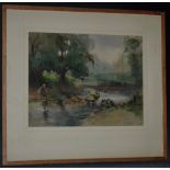 Bernard H Wiles Fly Fishing signed, watercolour, 33.