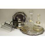 Glass and Plated Ware - a wafer dish die stamp tray; cake basket; clear glass decanters;