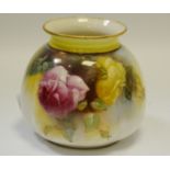 A Worcester lobed ovoid vase, painted with red and yellow roses, printed crown and circle mark,