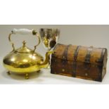 A George III style brass kettle; a silver plated chalice;