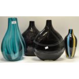 A pair of large amethyst glass moon vases; a large art glass baluster vase,