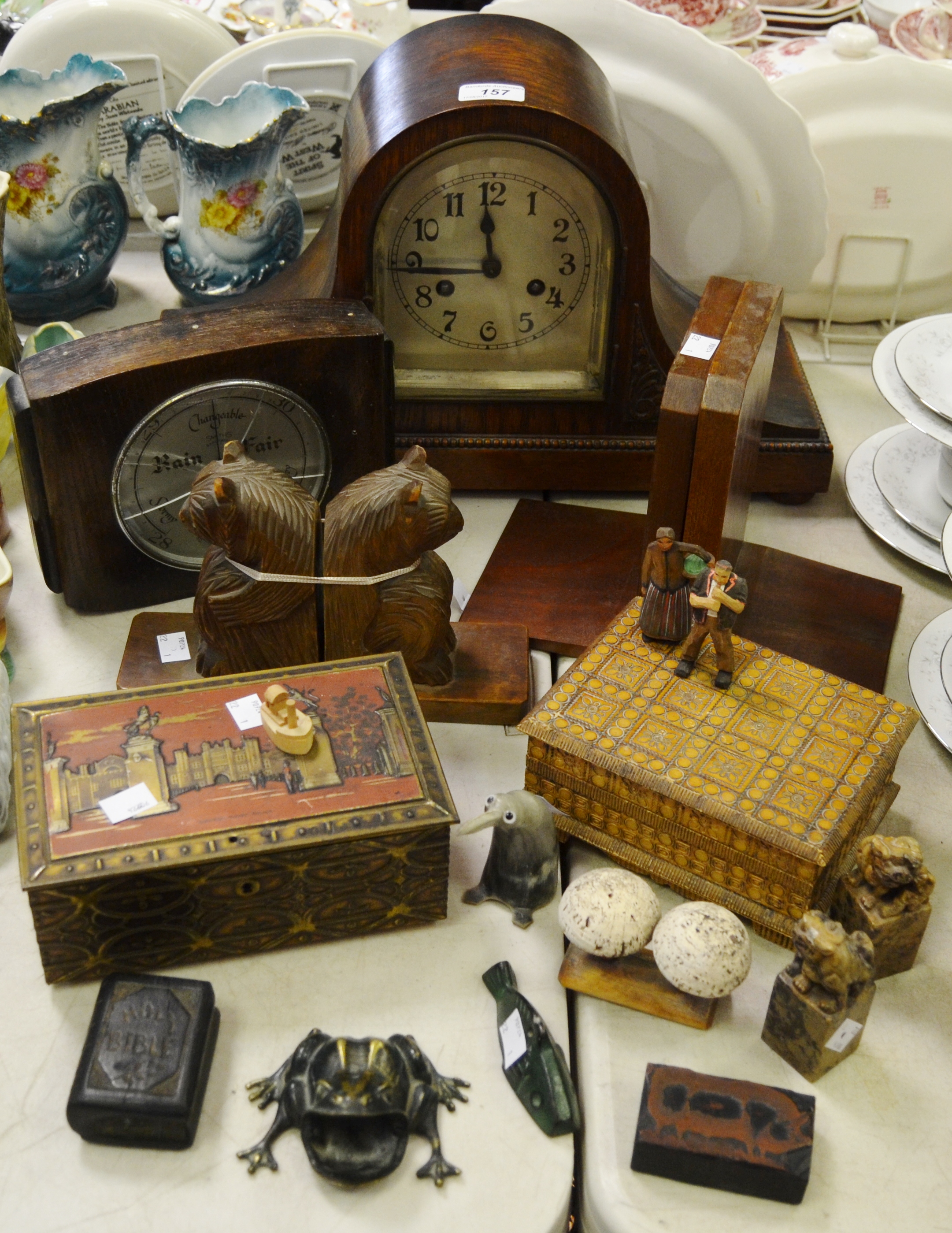 Boxes and Objects - a pair of carved Bear bookends; an oak mantel clock; an oak barometer,