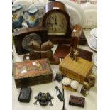 Boxes and Objects - a pair of carved Bear bookends; an oak mantel clock; an oak barometer,