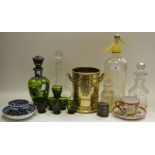 A Schweppes Soda Siphon; a green glass and silvered overlaid decanter and glasses;