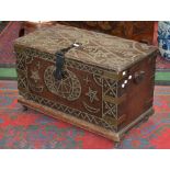 An Eastern brass studded box, iron clasps, wrought handles.