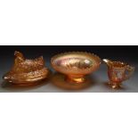 Carnival glass - a Sowerby hen shaped dish and cover; an American Dugan canival glass comport,