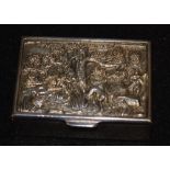 A novelty rectangular silver snuff box, fielded hinged cover embossed with huntsman,