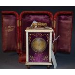 A imperial style miniature carriage clock, gilt brass, engine turned enamel,