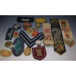 Militaria - a RAF cap badges; Corporal rank flash; Artillery wings; Derbys and other cloth badges;