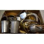 Metalware - pewter mugs; a large brass pan; a smaller similar; a brass saucepan etc (qty),