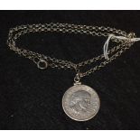 A Sterling silver mounted USA one dollar coin, 1979, with silver belcher necklace chain,