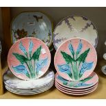 Ceramics - a French cabaret set, comport and five plates, painted with bird,