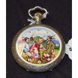 Erotica - an Edwardian style pocket watch, the dial painted with an erotic scene, embossed case,