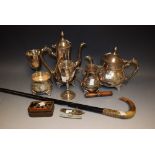 A silver plated tea and coffee service; a treen Bodkin case; a fruit knife in a leather pouch;