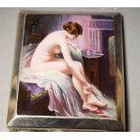 Erotica - an Edwardian style rounded rectangular silver colour metal cigarette case,